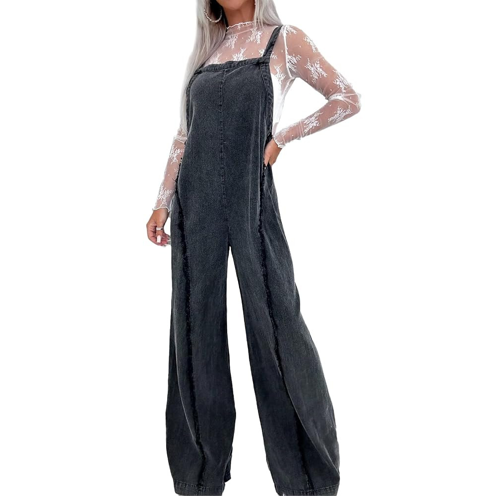 Owl's-Yard Women's Denim Jumpsuit Loose Vintage Washed Raw Trim Square Neck Open Back Sleeveless ... | Amazon (US)