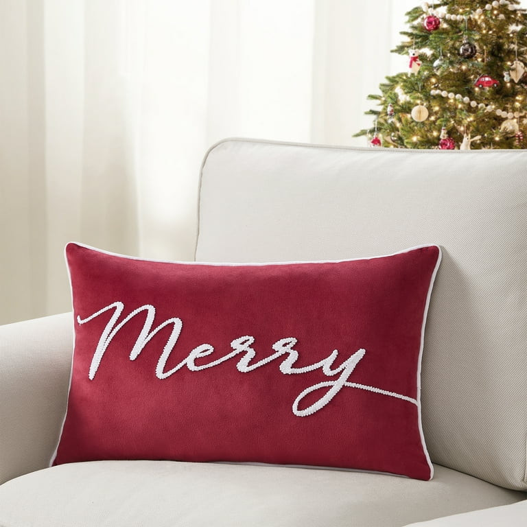 Holiday Time 14" x 22" Red Merry Velvet Oblong Decorative Pillow | Walmart (US)