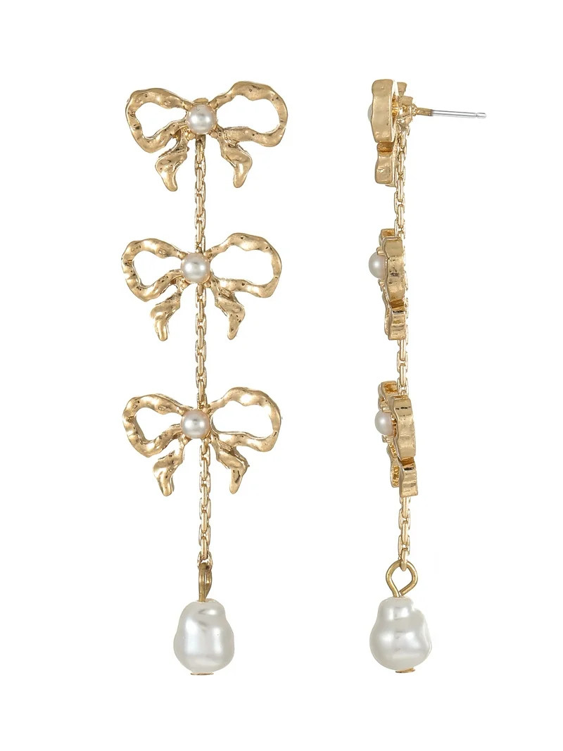 No Boundaries Goldtone and Simulated Pearl Linear Bows Earrings, 1 Pair | Walmart (US)