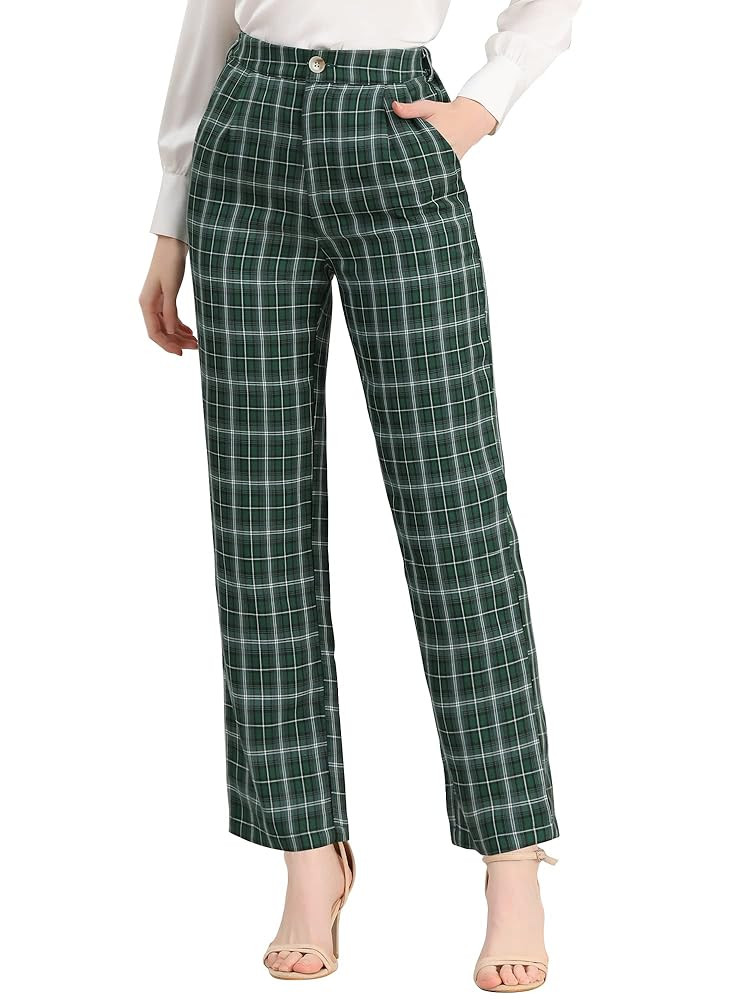 Allegra K Women's Plaid Pants Elastic Waist Casual Work Office Long Trousers | Amazon (US)