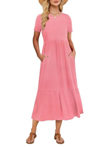 Gracyoga Women's Summer Maxi Dress 2025 Casual Short Sleeve Crewneck Flowy Swing Tiered Long Beach Dresses with Pockets A-Pink | Amazon (US)