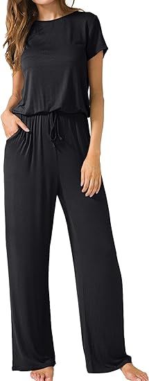 LAINAB Women's Short Sleeve Loose Wide Legs Casual Jumpsuits with Pockets | Amazon (US)