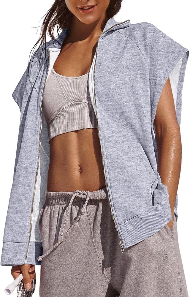Fisoew Women's Zip Up Sweatshirts Sleeveless Oversized Casual Solid Color Sweatshirt with pockets | Amazon (US)
