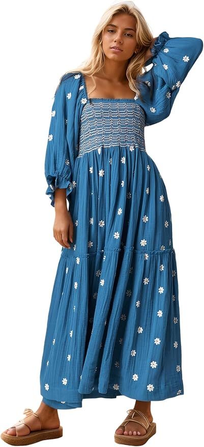 R.Vivimos Women's Long Sleeve Cotton Boho Midi Dress Vintage Square Neck Floral Embroidered Tiere... | Amazon (US)