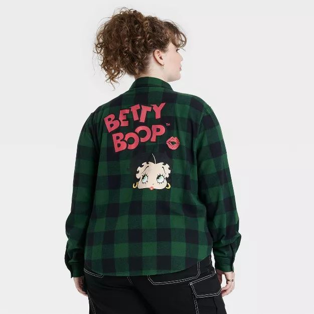 Women's Betty Boop Long Sleeve Checkered Graphic Button-Down Shirt Flannel - Green | Target