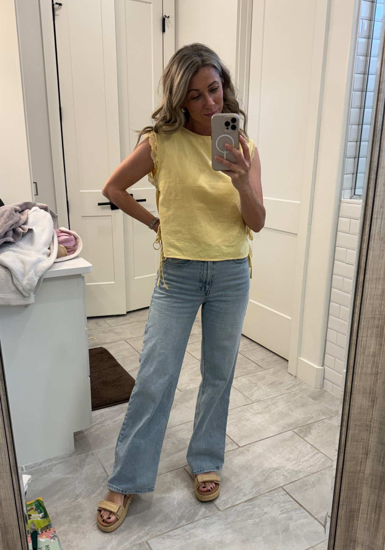 Literally obsessed with this yellow embroidered last top from Target! It’s universal thread brand and comes in 2 other colors, pink and white! It’s so pretty and has ties on the side! And it’s on major sale right now for $17.50! Wearing XS! Shoes are also target and TTS! Fave for the summer!

#LTKOver40 #LTKootd #LTKPetite