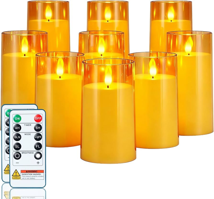 Homemory Amber Flickering Flameless Candles, Battery Operated Acrylic LED Pillar Candles with Rem... | Amazon (US)