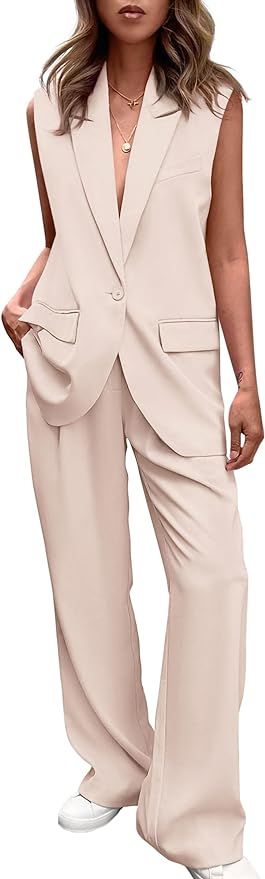 PRETTYGARDEN Women's 2 Piece Outfits Sleeveless Suit Vest and Wide Leg Pants Business Casual Blaz... | Amazon (US)