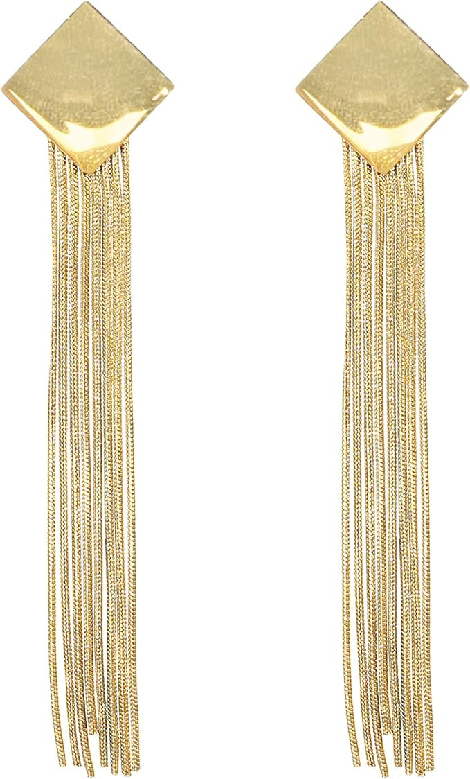 JeanBeau Long Gold Metal Chain Tassel Drop Dangle Earrings for Women - Teen Girl Simple Essential... | Amazon (US)