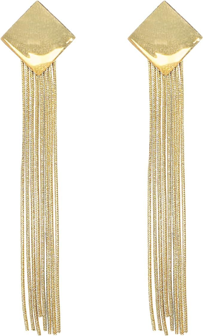 JeanBeau Long Gold Metal Chain Tassel Drop Dangle Earrings for Women - Teen Girl Simple Essential... | Amazon (US)
