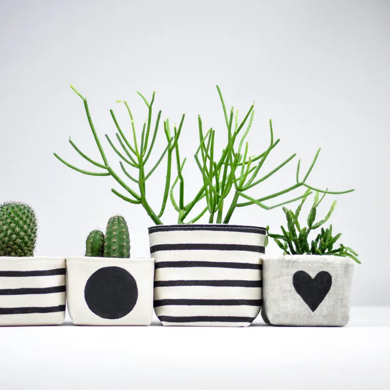 Black Stripe Canvas Planter for Succulents and Cacti, 3" Small Size, Black and White Blockprint o... | Etsy (US)