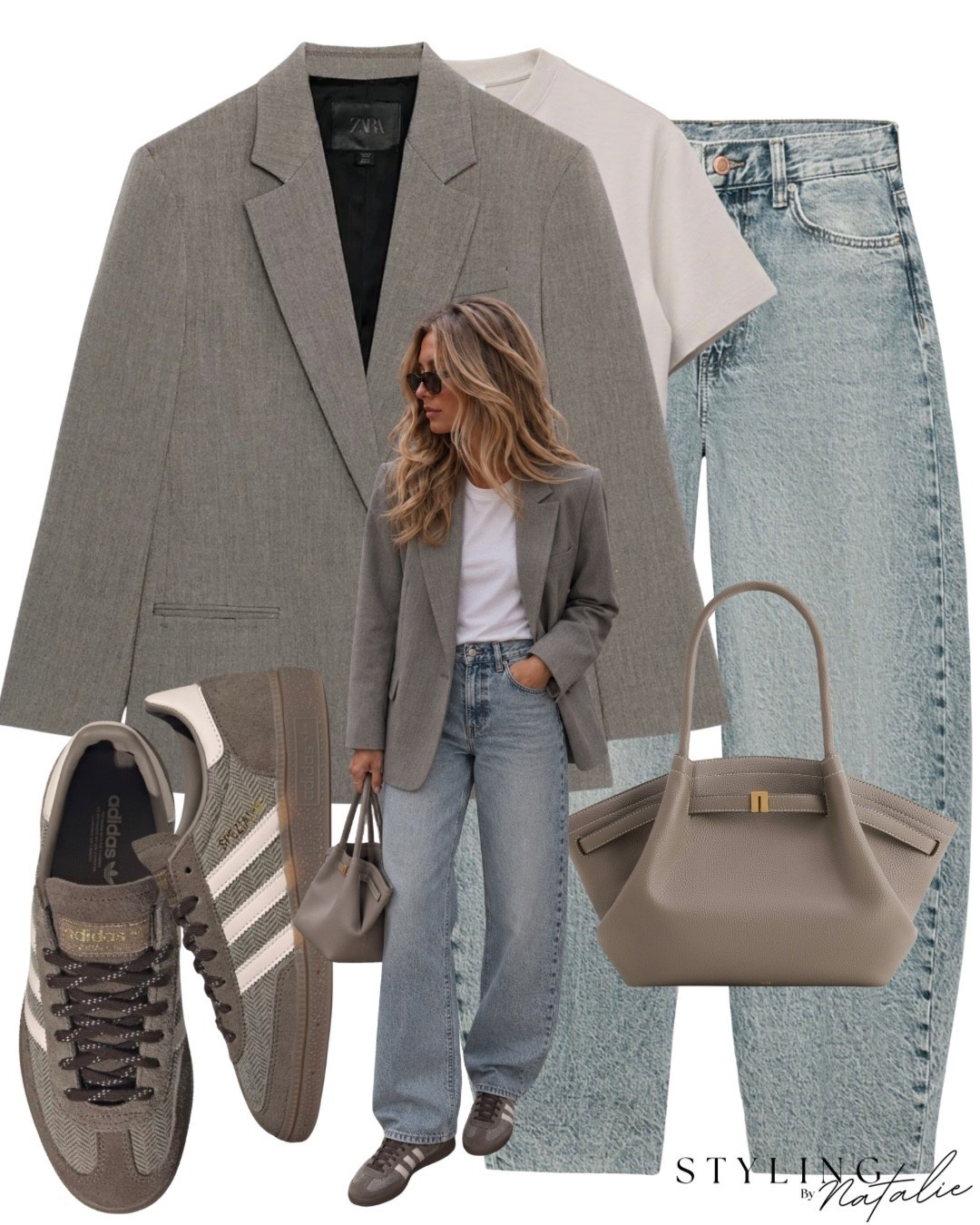 Greige blazer, barrel leg jeans, griege t-shirt, Adidas Soezial Houndstooth tweed trainers, taupe bag. 
Sneaker outfit, autum outfit, fall outfit, casual, everyday wear, transitional, early fall, neutrals, taupe.

#LTKuk #LTKautumn #LTKeurope