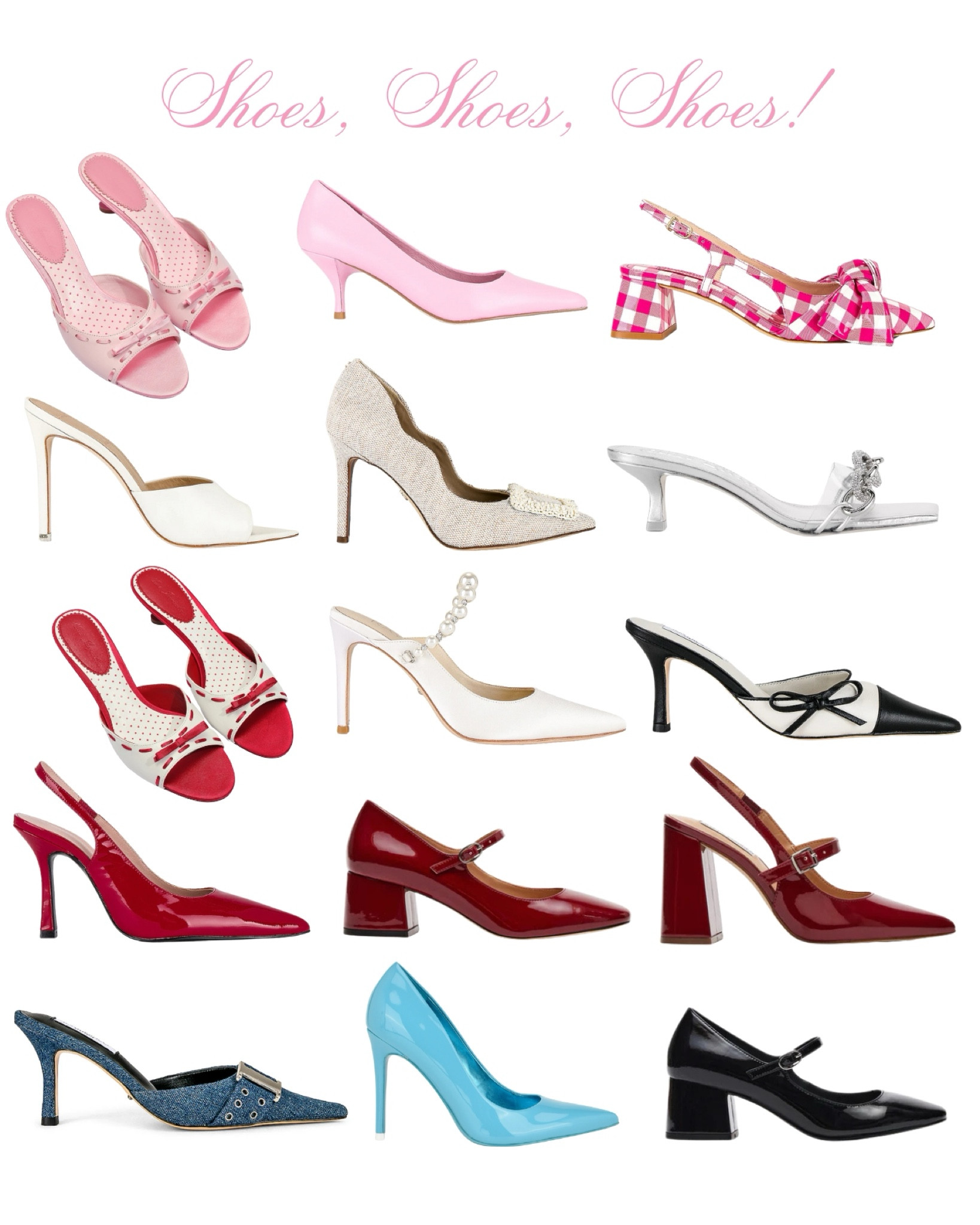 heels i NEED in my life asap 🎀 #tiffanyblue #tweed #highheels #pumps #denimheels #pinkheels #kittenheels #mules #gingham #bowheels #maryjanes #maryjaneheels #cherryred #barbieshoes #patentleather #coquette