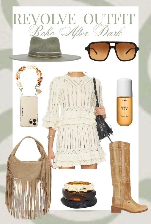 Boho After Dark but make it desert muse 🤎✨

This creamy crochet mini is the moment — soft texture, subtle ruffle, and that effortless Revolve energy. Styled with a structured fedora, cognac boots, fringe bag + warm gold accents for that elevated western-girl-at-sunset vibe.

Perfect for country concerts, fall festivals, or golden hour dinners 🌾

Shop everything linked on my LTK 🤍 #RevolveStyle #BohoWestern #FestivalChic #NeutralAesthetic #DesertGlam