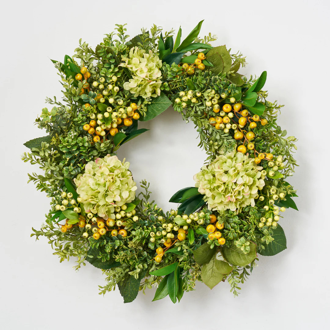 Green Hydrangea, Eucalyptus, Berry & Boxwood Spring All Seasons Wreath | Darby Creek Trading