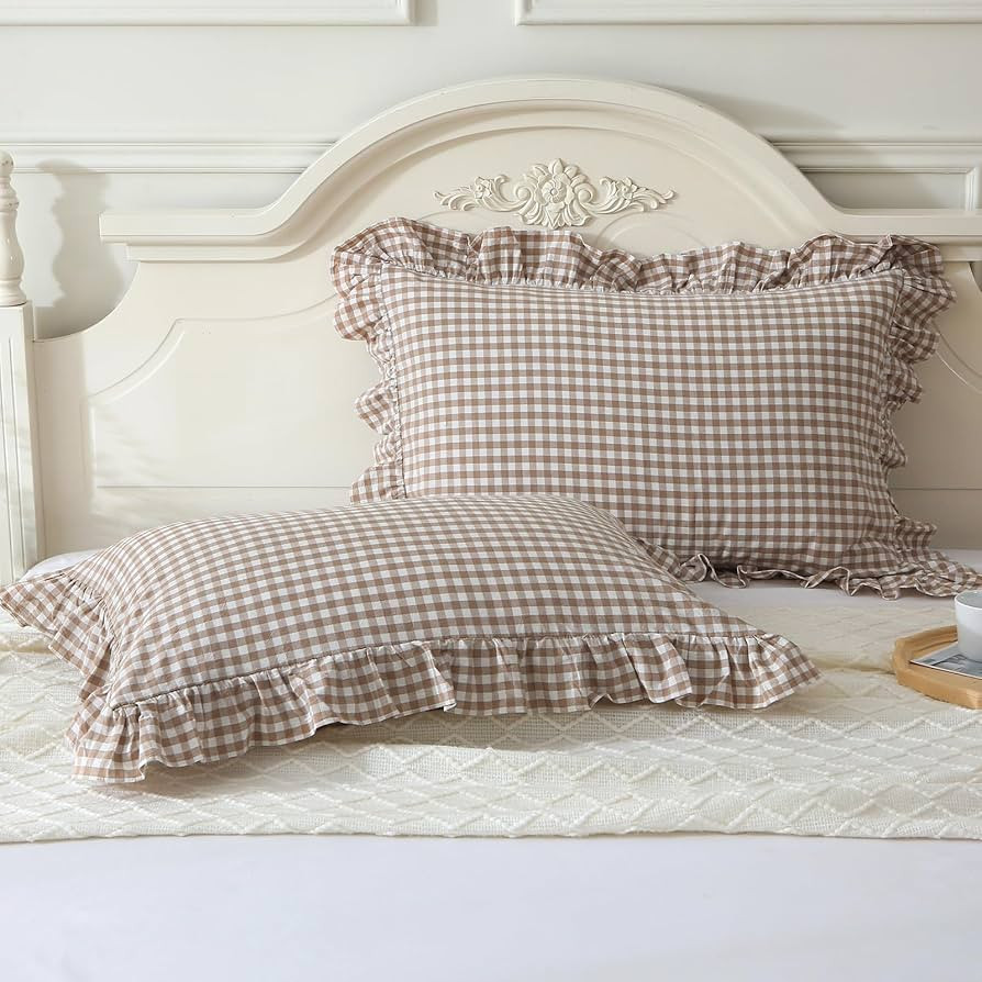 Taupe/White Plaid Ruffle Pillowcases Farmhouse Standard Size Pillow Shams,Shabby Checkered Gingha... | Amazon (US)