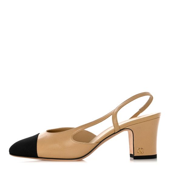 CHANEL Goatskin Grosgrain Cap Toe CC Slingback Pumps 36.5 Beige Black | FASHIONPHILE (US)