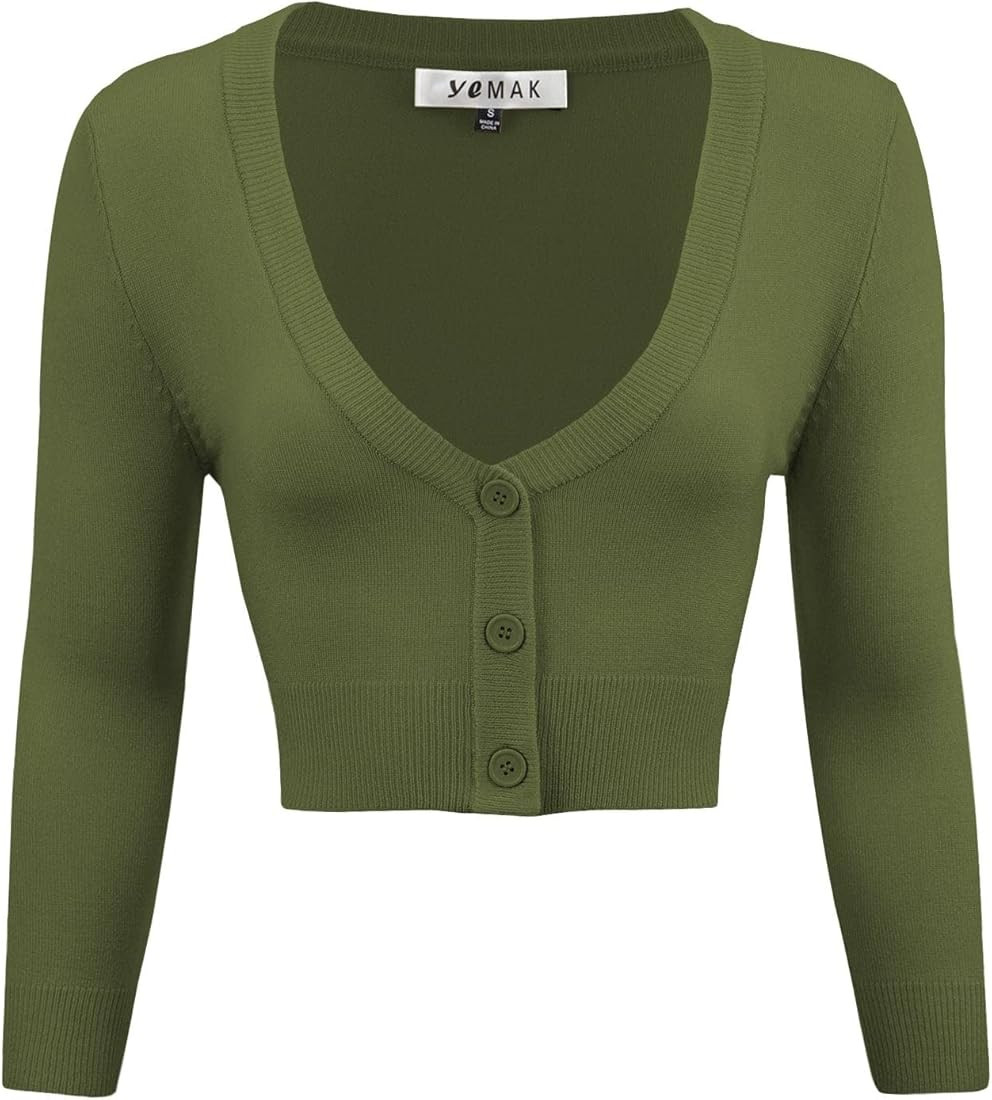 YEMAK Women's Cropped Bolero Cardigan – 3/4 Sleeve V-Neck Basic Classic Casual Button Down Knit Soft | Amazon (US)
