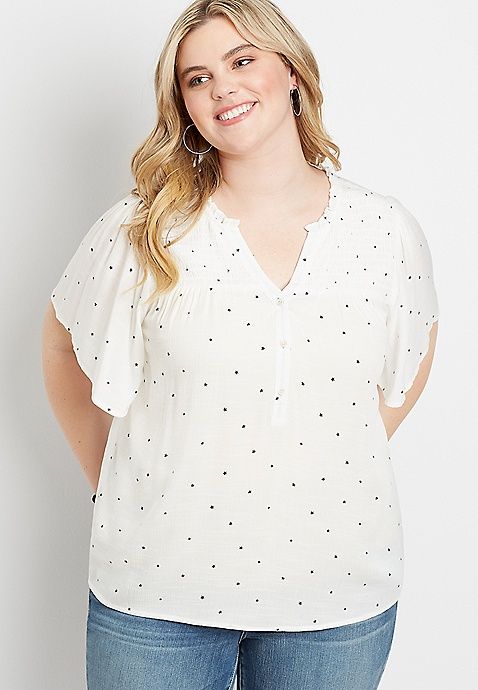 Plus Size White Star Flutter Sleeve Button Front Top | Maurices