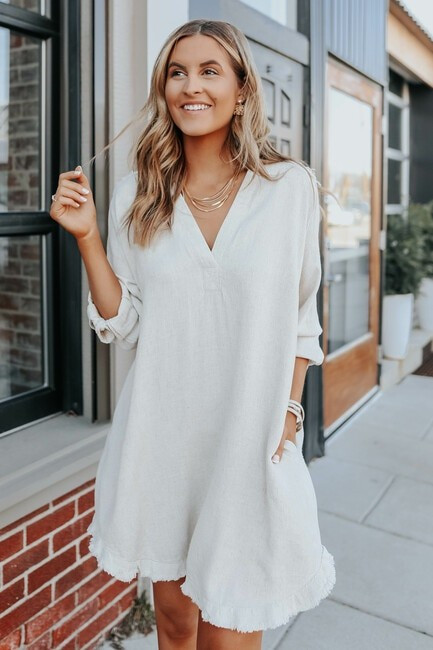 V-Neck Roll Tab Frayed Linen Dress | Magnolia Boutique