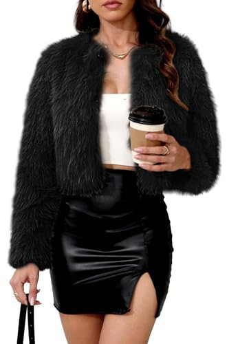 ELLEVEN Faux Fur Coat for Women Cropped Long Sleeve Fluffy Shaggy Fur Jacket Fluffy Open Front Cardigan Shaggy Short Fall Coats Outerwear with Pockets Black XX-Large | Amazon (US)
