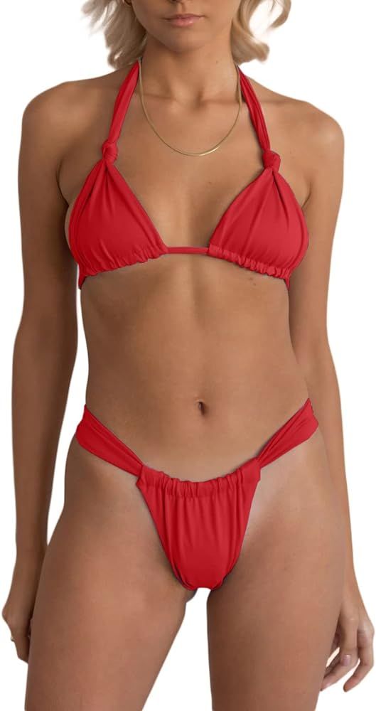 Women Two Piece Swimsuits Halter Triangle String Bikini Sets Sexy Ruched Brazilian Cheeky Thong Bath | Amazon (US)