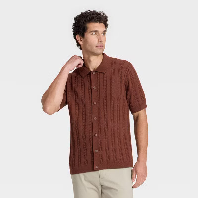 Men's Short Sleeve Cable Full Button Sweater - Goodfellow & Co™ Brown XL | Target