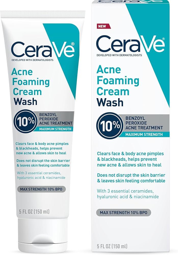 CeraVe Acne Foaming Cream Wash | Gentle Face and Body Acne Cleanser with Benzoyl Peroxide 10%, Hy... | Amazon (US)