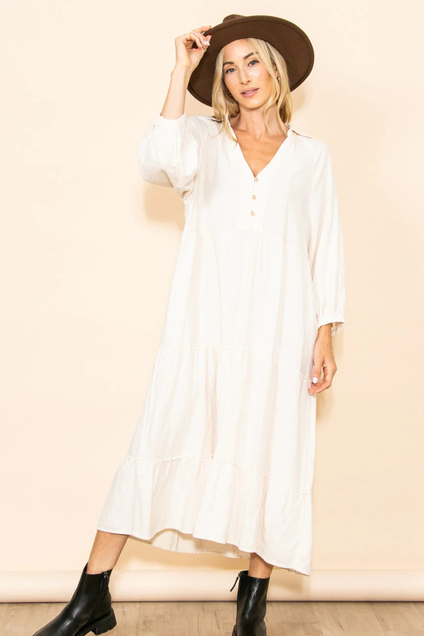 Ivory Button Front V-Neck Ruffle Tiered Midi Dress | PinkBlush Maternity