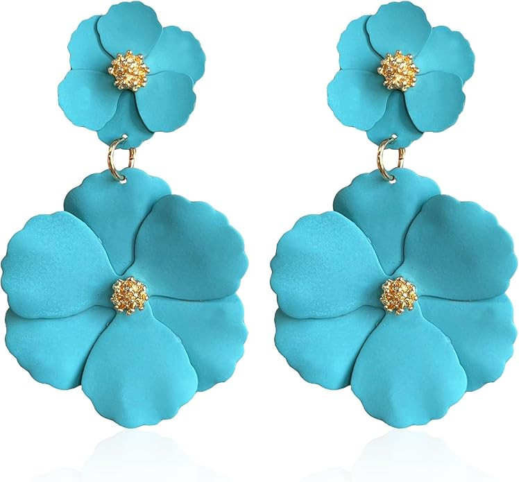 White Summer Flower Floral Dangle Earrings Boho 2 Layered Floral Petal Drop Statement Stud Earrin... | Amazon (US)