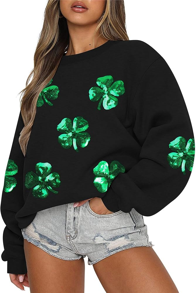 MAXIMGR Women St Patricks Day Sweatshirts Sequin Leaf Clover Sweater Shamrock Shirts Casual Irish... | Amazon (US)
