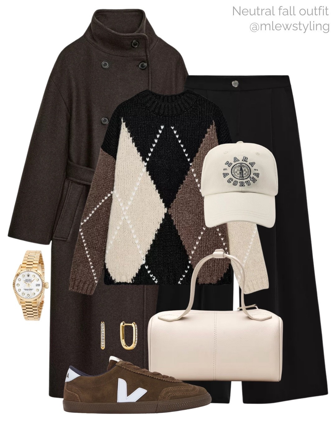Autumn outfit with an argyle sweater & brown wool coat 🐻

Tags: Zara baseball cap, freja ny bag, wide leg trousers, veja sneakers, neutral aesthetic, fall outfit, elevated weekend look 