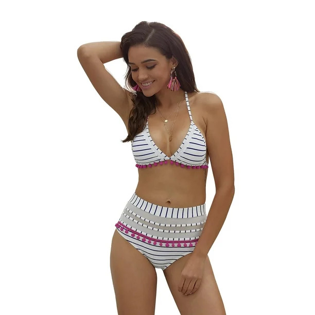 Juniors' Swimsuit Celebrity Blue White Stripe Pom Pom Mesh Insert High Waist Bikini (multicolor, ... | Walmart (US)
