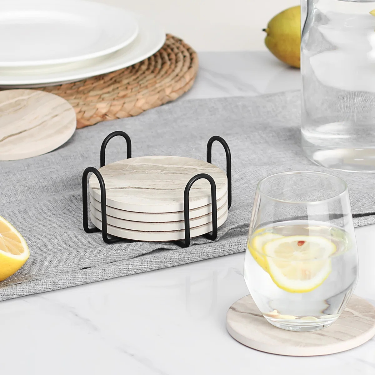 Ceramic Round 6 Piece Coaster Set With Holder (Set of 6) | Wayfair North America