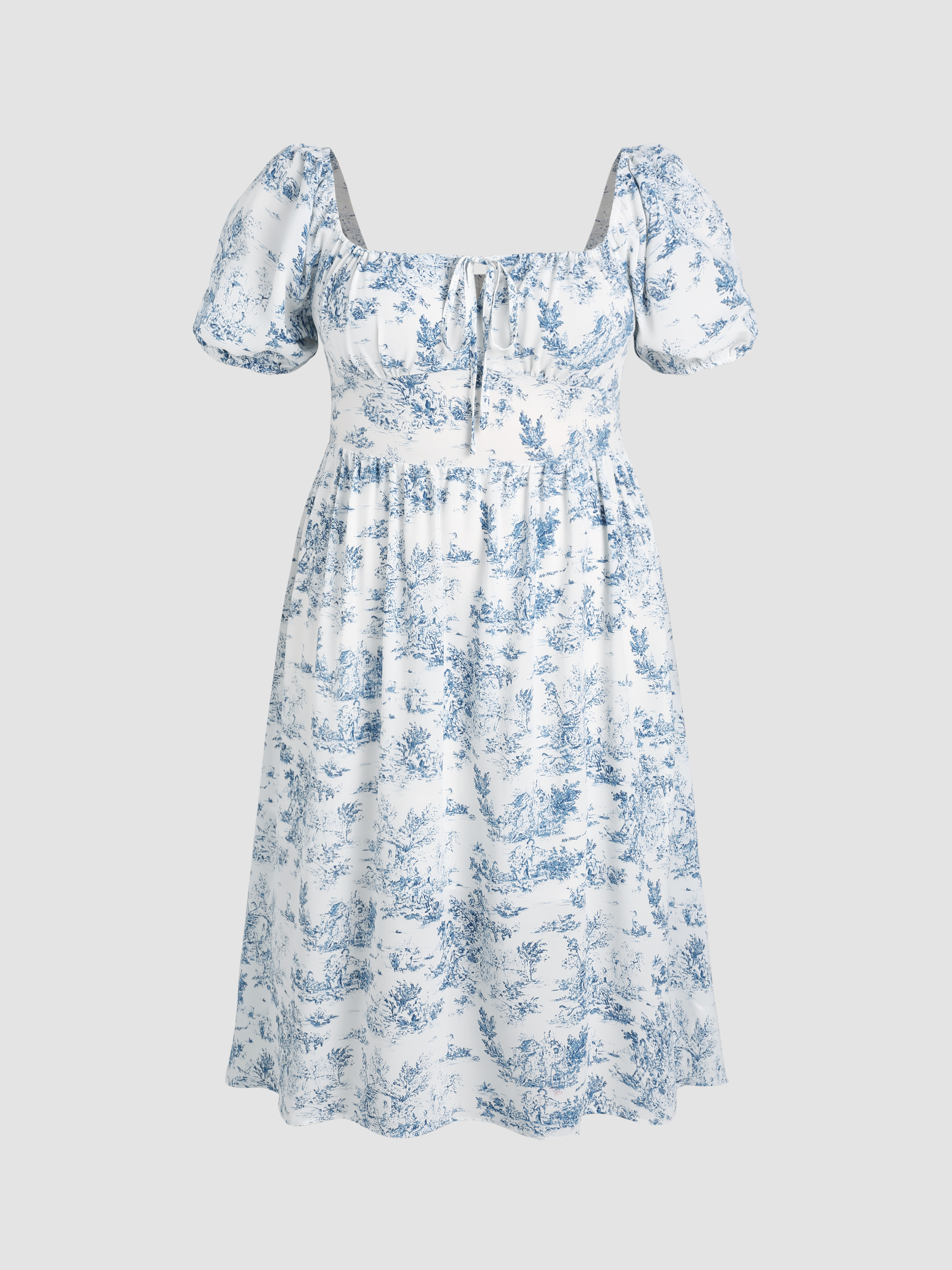 Curve & Plus Square Neck Toile de Jouy Lace Up Ruffle Midi Dress - Cider | Cider