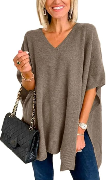 Pinclodly Womens Poncho Sweater Women V Neck Ponchos and Wraps Batwing Sleeveless Shawl Pullover ... | Amazon (US)