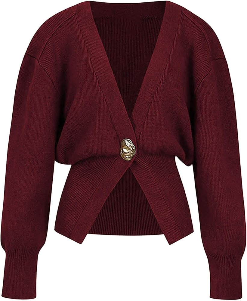 Women's One Leaf Button Down Knit Sweater V-Neck Stylish Elegant Sweater Cardigan Soft Solid Fall... | Amazon (US)