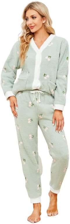 Womens Fuzzy Plush Pajama Set, Soft Warm Fleece Pajama for Women Cute Long Embroidered 2 Piece Sl... | Amazon (US)