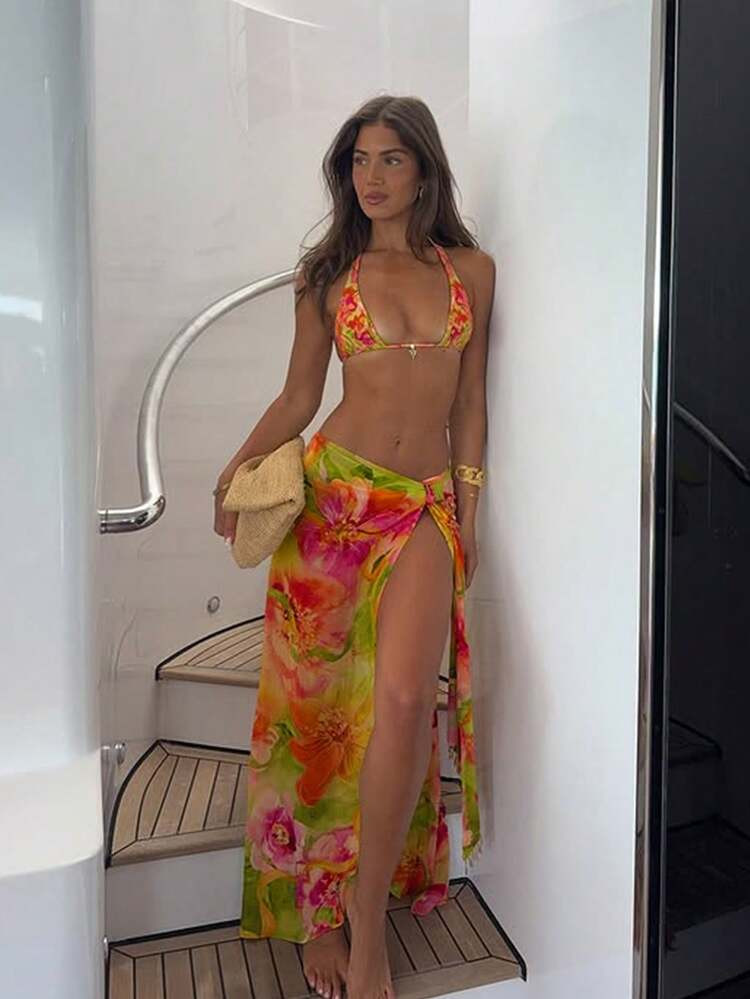 3pcs/Set 2026 Floral Sexy European & American Style Swimwear, Summer Vacation Mesh Maxi Skirt Bikini Beach Swimwear | SHEIN