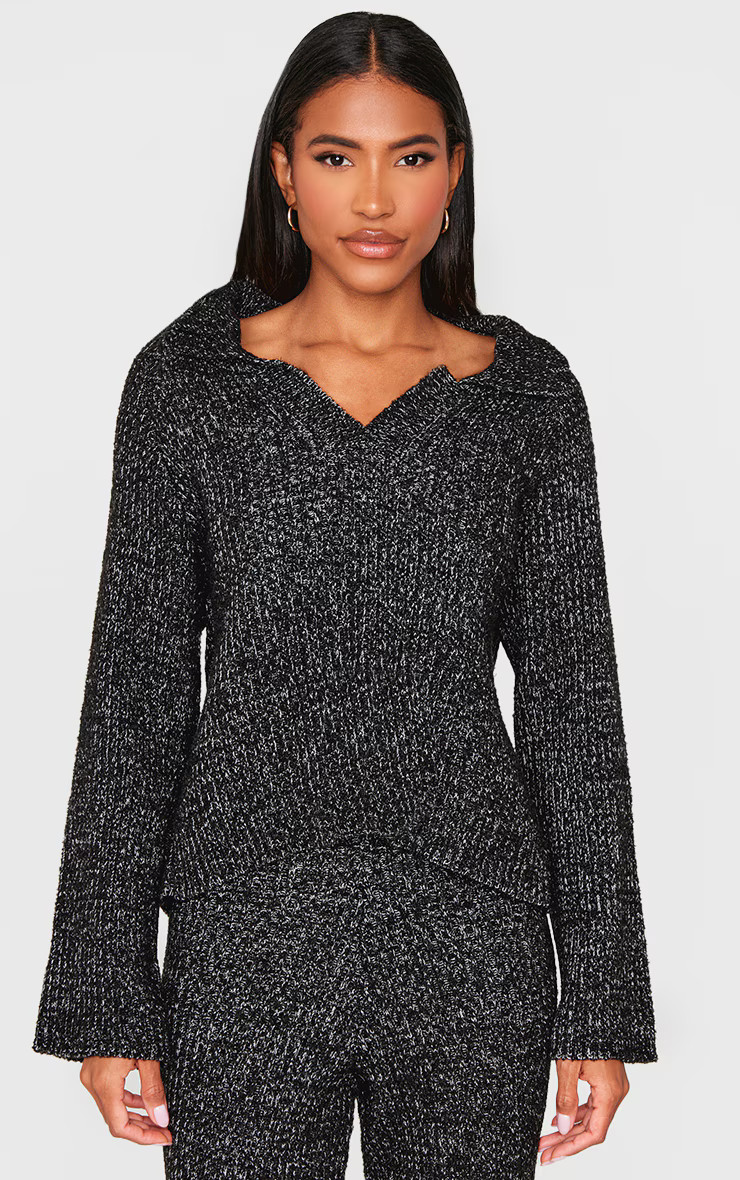 Black Marl Knit V Neck Oversized Sweater | PrettyLittleThing US