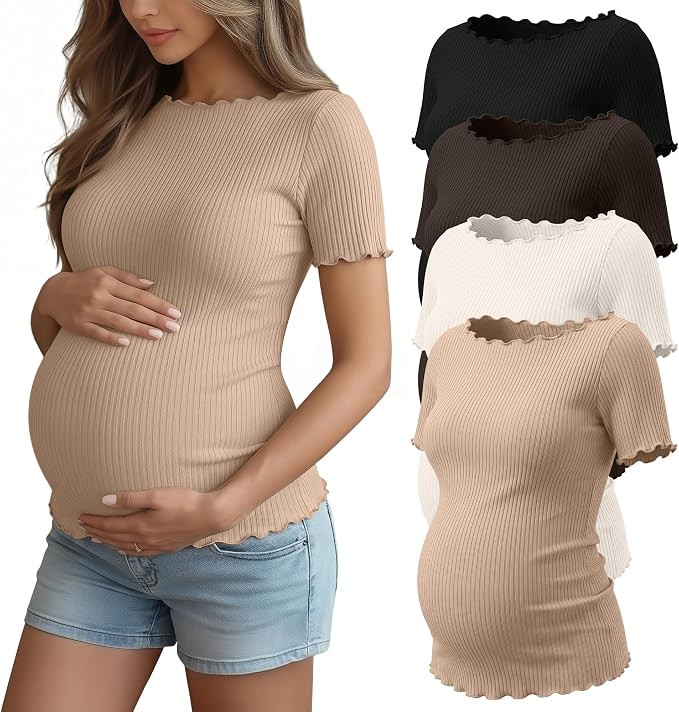 4 Pack Women's Maternity Ribbed Shirts Pregnancy Knit Short Sleeve Tops Boat Neck Lettuce Trim Su... | Amazon (US)