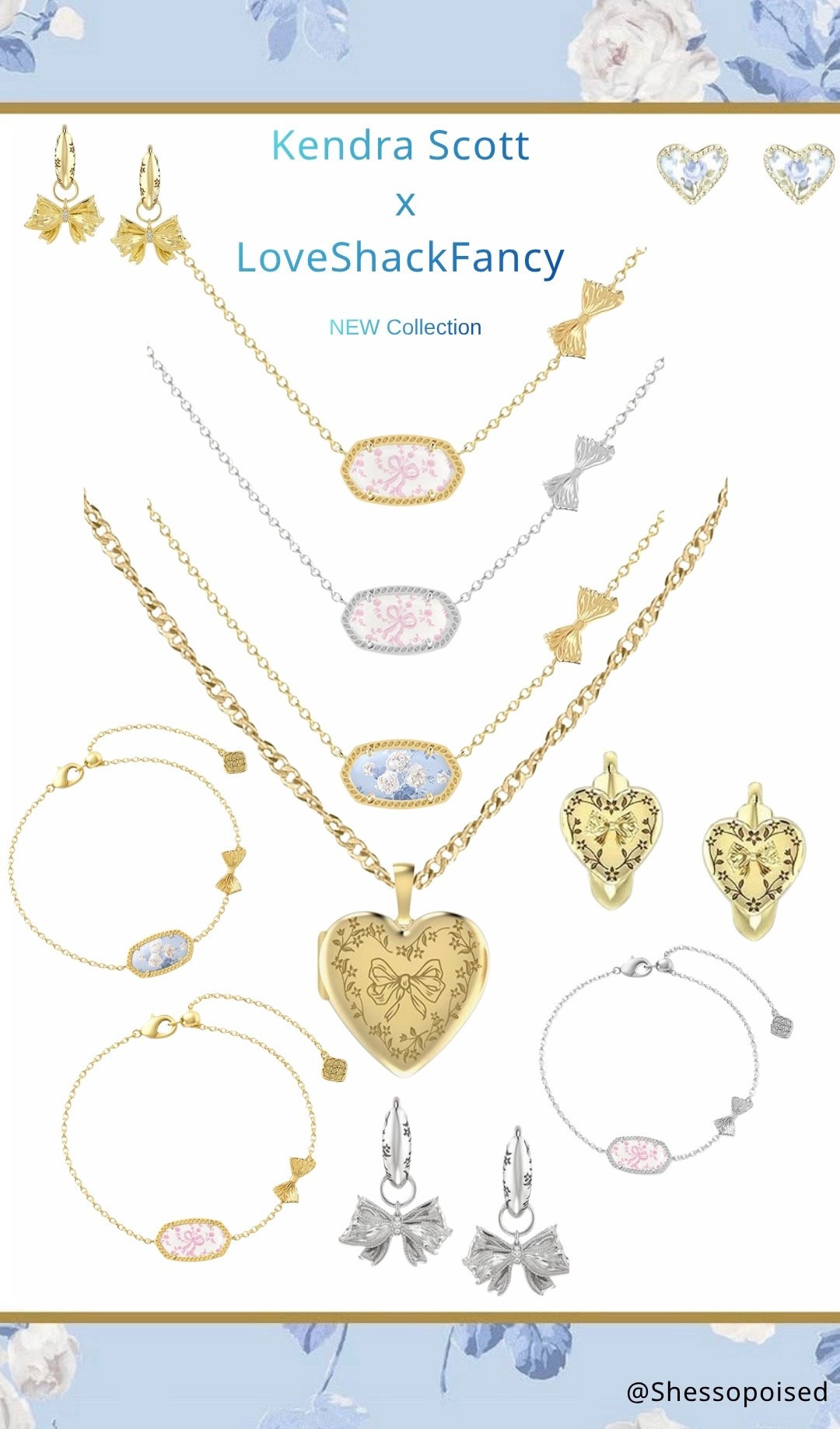 Cute new pieces from Kendra Scott x LoveShackFancy including silver style necklaces, bracelets and bow earrings. The gold colored heart locket necklace is back. These styles are only available for a limited time  The heart shaped earrings are pretty too. I  have the gold bow earrings from a past collection that I wear all the time. 