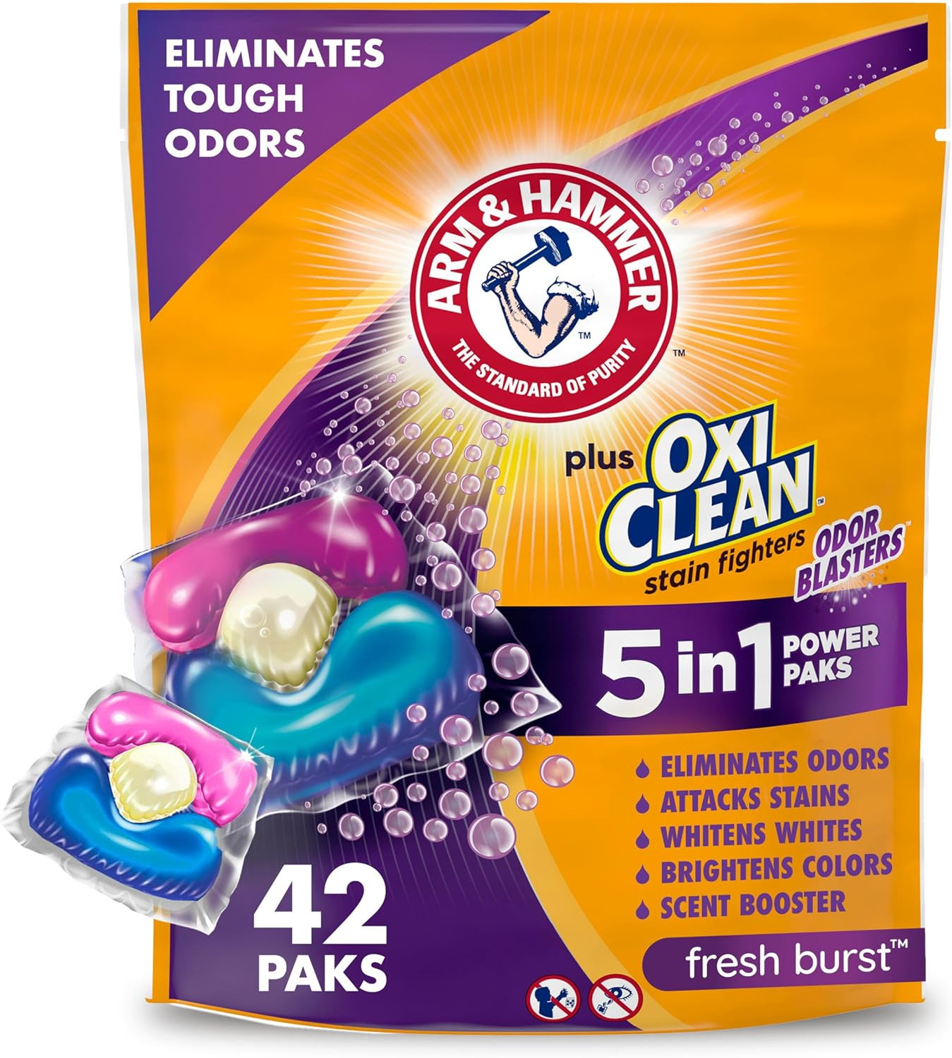 Arm & Hammer Plus OxiClean With Odor Blasters Laundry Detergent 5-IN-1 Power Paks, 42CT (Packagin... | Amazon (US)