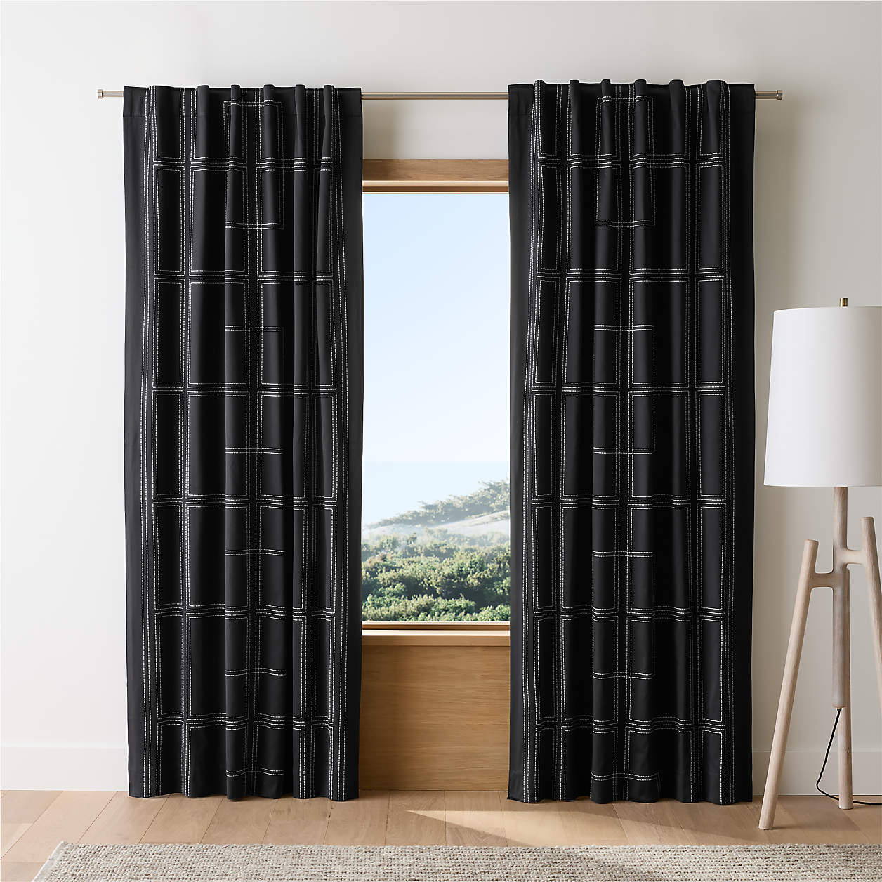 Embroidered Craftsman Midnight Navy/Crisp White Organic Cotton Sateen Window Curtain Panel 52"x84... | Crate & Barrel