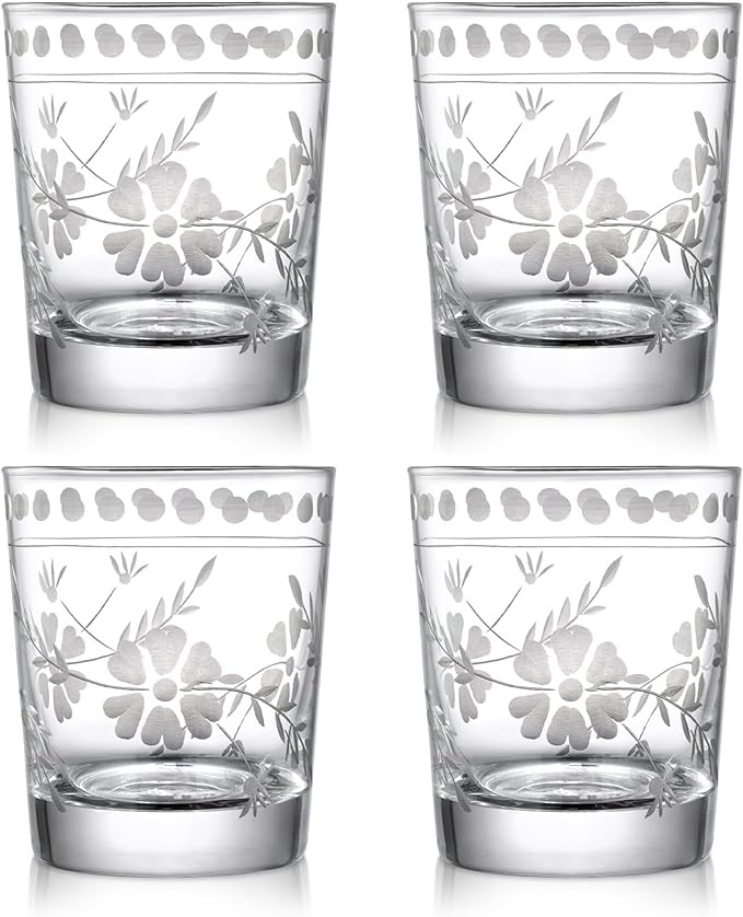 Joeyan Hand Blown Etched Drinking Glasses,Clear Water Glass Cups with Floral Pattern,Aesthetic Tu... | Amazon (US)