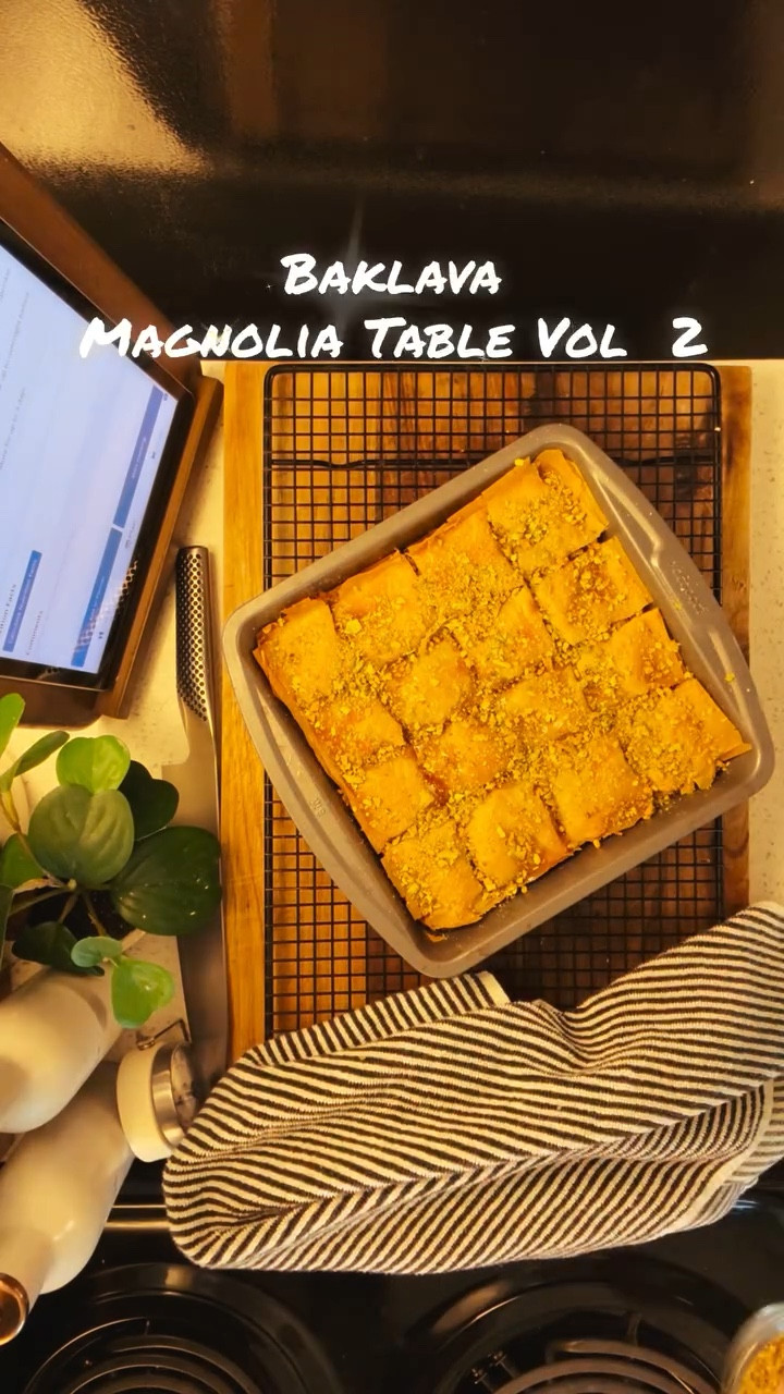 “Six nuts, six nuts, six nuts, ten.” @joannagaines voice echoed like a kitchen mantra, her shorthand for layering phyllo and nuts until only ten sheets remained. It felt more like choreography than a recipe, a rhythm that carried me straight into something sweet and sacred.

Inspired by Julie & Julia, I’m cooking my way through Magnolia Table Volumes 1, 2, and 3. I’m calling it The Jeanie Jo & Joanna Project. Recipe 58 of 457 is Baklava—and here’s how it turned out.

Flaky, sticky, and impossibly sweet, each bite was a love letter sealed in honey. The crunch gave way to a tender, syrup-soaked center that demanded silence, like the world should pause for dessert. It was messy, it was golden, and it was worth every single layer.

Gracefully yours,
🫶🏻 Jeanie Jo

#thejeaniejoandjoannaproject #MealAndGrace @joannagaines @magnolia #magnoliatablecookbook #magnoliatable #magnoliacookbook #joannagaines #cookbookchallenge #magnoliatablevolume2 @magnoliatable @visitmagnolia #visitmagnolia #sincerelyfood #sincerelyrandalls #magnoliatablevolume3
#magnoliatablerecipes