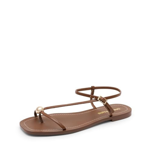 DREAM PAIRS Women's Strappy Flat Sandals for Women Comfortable Open Square Toe Sandals Dressy Beach Thong Cute Wedding Summer Ankle Strap Sandals,Size 8.5,Brown,SDFS26001W | Amazon (US)