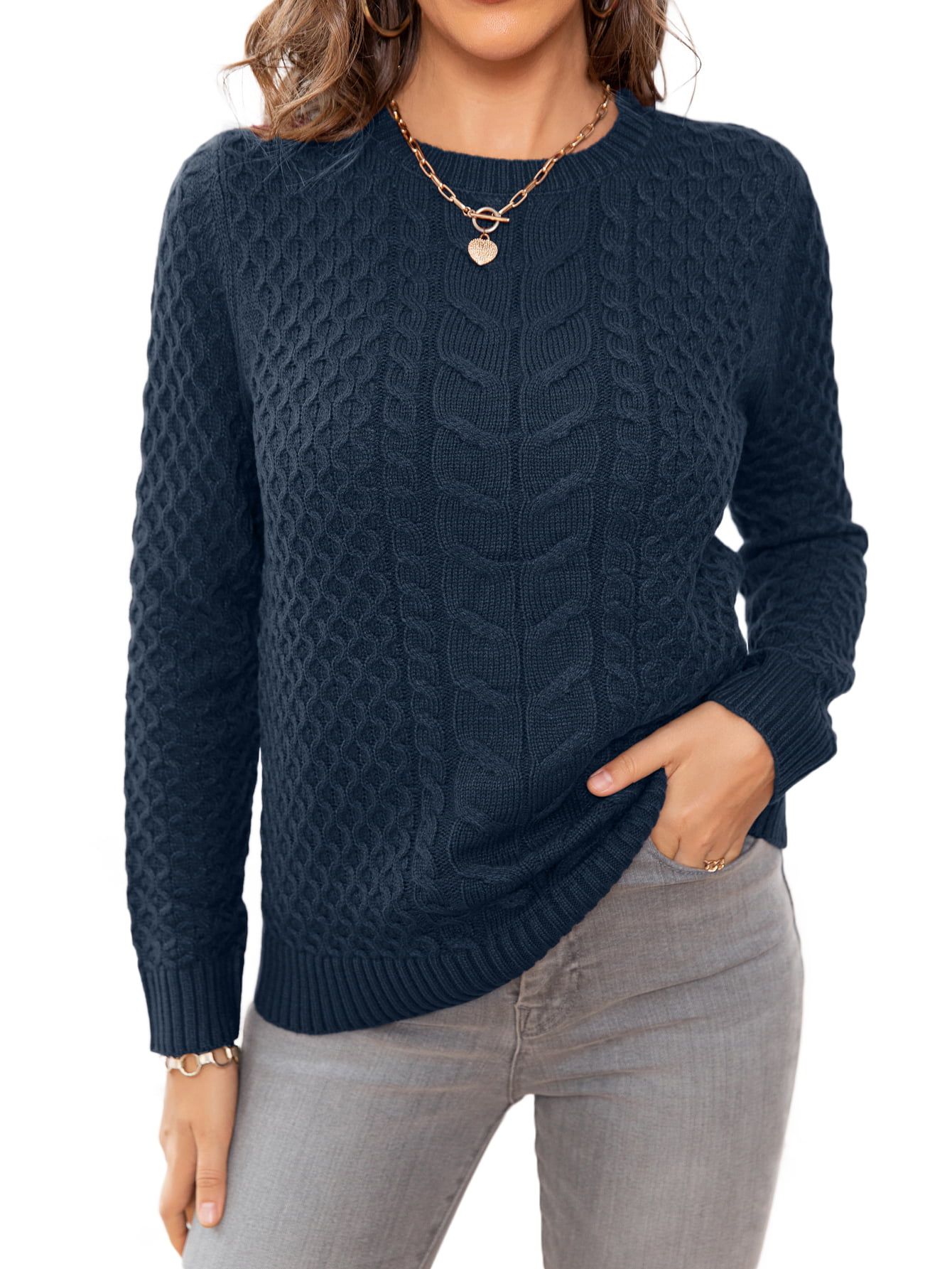 CALIPESSA Women's Cable Knit Long Sleeve Navy Blue Sweater Casual Loose Round Neck Solid Pullover... | Walmart (US)