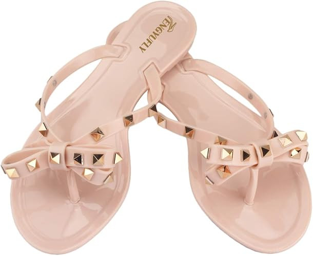 TENGYUFLY Womens Rivets Bowtie Flip Flops Jelly Thong Sandal Rubber Flat Summer Beach Rain Shoes | Amazon (US)