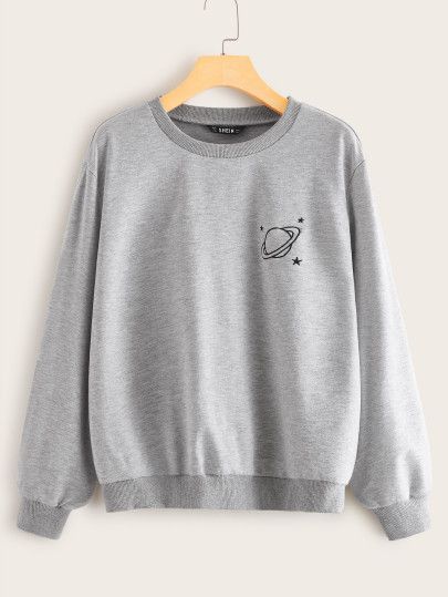 SHEIN Embroidered Heather Grey Sweatshirt | SHEIN